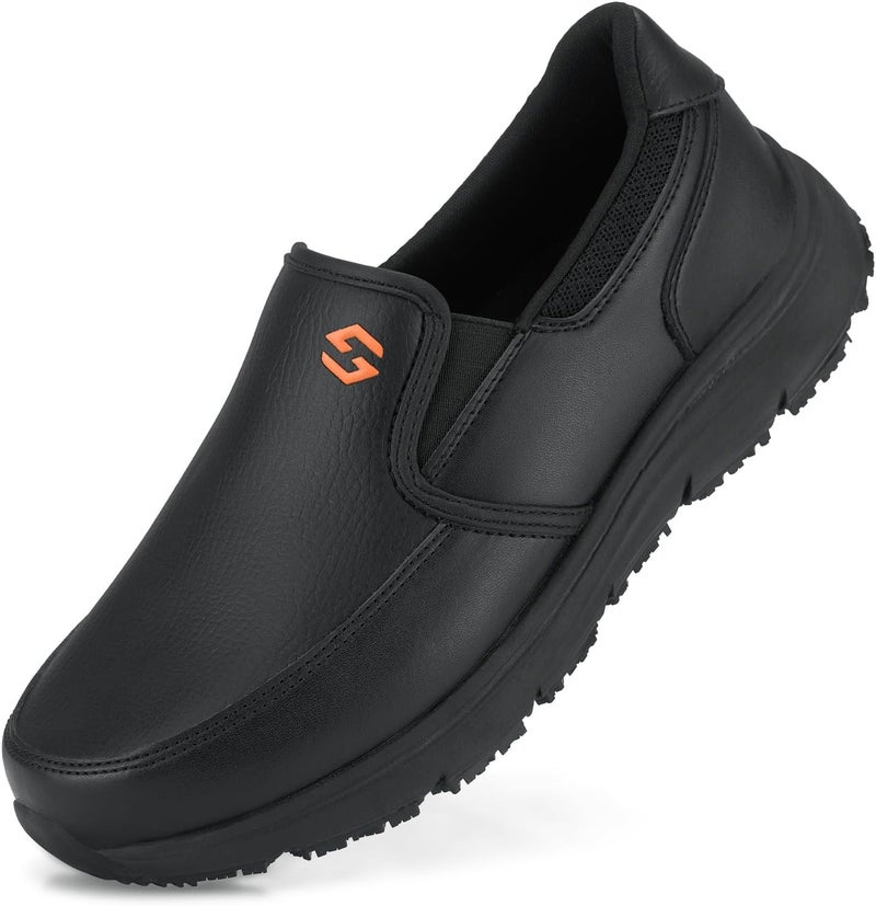 Hisea Non Slip Work Shoes for Men, Water & Oil Resistant Leather Slip on Kitchen Shoes, Comfortable Mens Slip Resistant Chef Shoes for Restaurant Food Service, Lightweight Walking Shoes, Black - Image 1